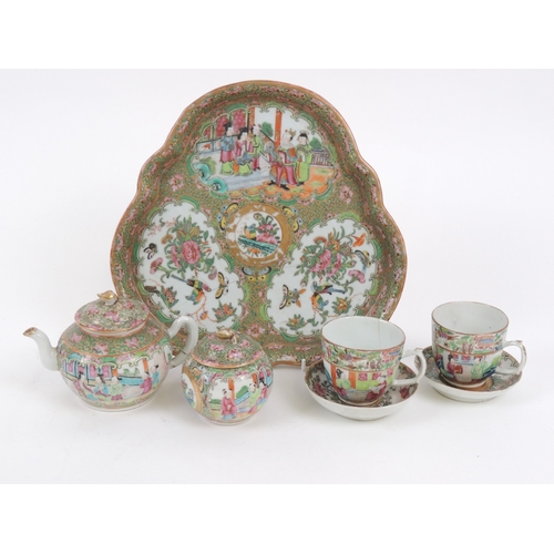 53 - Cantonese famille rose cabaret tray, supporting a lidded teapot and matching lidded sugar bowl; two ... 