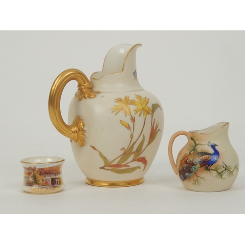 55 - Royal Worcester flat back jug, circa 1892, floral decorated on an ivory ground,, height 13.5cm; also... 