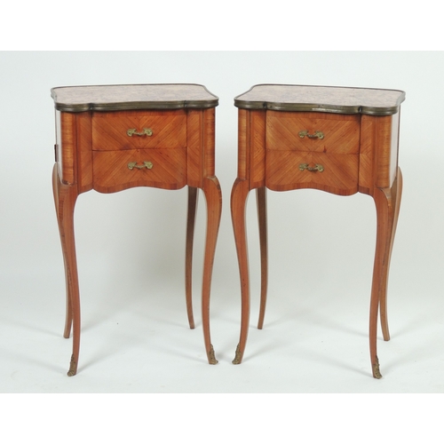 558 - Pair of French kingwood bedside tables, each with yellow composite marble top and brass edging, fitt... 