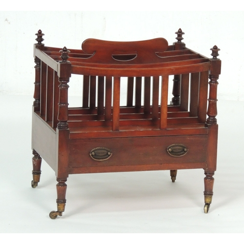 578 - Late George III mahogany canterbury, circa 1820, fitted with a drawer, turned legs and original cast... 