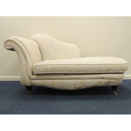 640 - Classic chaise longue, modern, upholstered throughout in cream and gold brocade fabric, on turned le... 