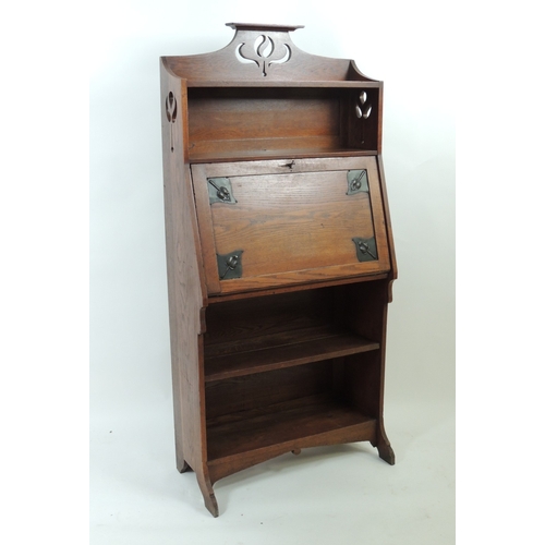 642 - Arts and Crafts period oak open bureau, circa 1905, the fall front with copper ivy leaf embellishmen... 