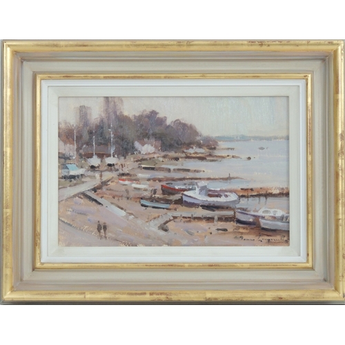 70 - James Longueville (b. 1942), Winter at Pin Mill, Suffolk, oil on board, signed, titled verso, 19cm x... 