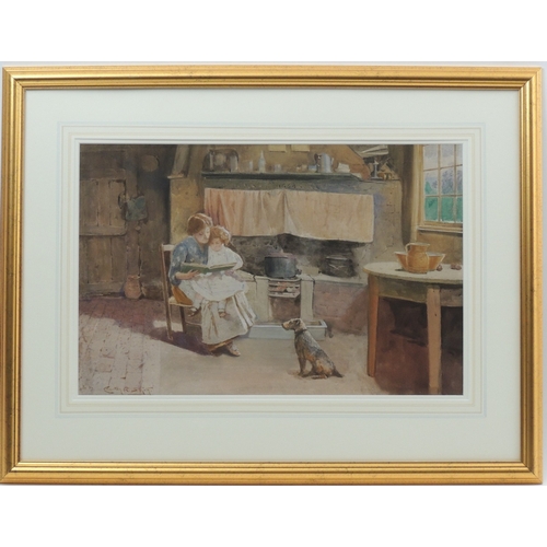 76 - Carlton Alfred Smith (1853-1946), Story on mother's lap, watercolour, signed, 35cm x 54cm