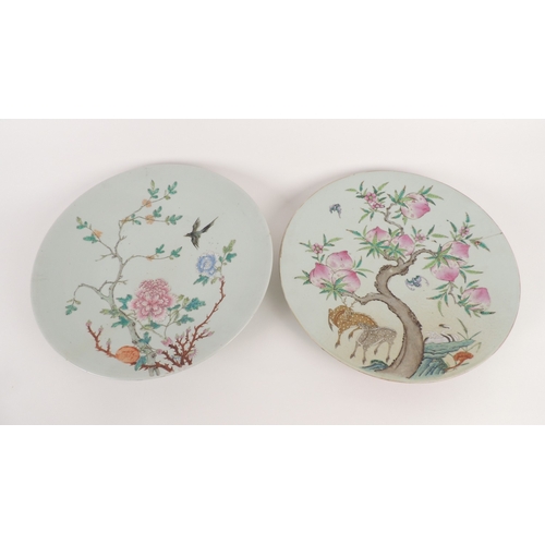 8 - Two Chinese famille rose plaques, 19th Century, one decorated with a bird flying amidst prunus and b... 