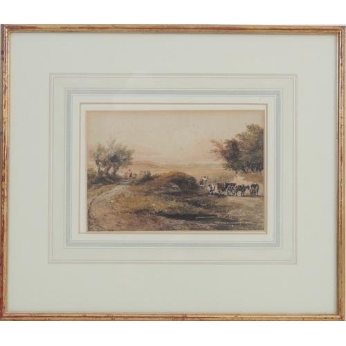 81 - David Cox Snr (1783-1859), Peat cutters, watercolour, signed, 13cm x 20cm