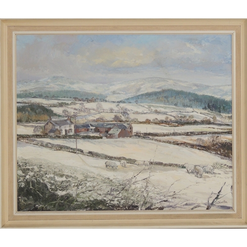 87 - Enid Chiverton (active late 20th Century), Snow in the Clwyd Valley, oil on board, signed, labelled ... 