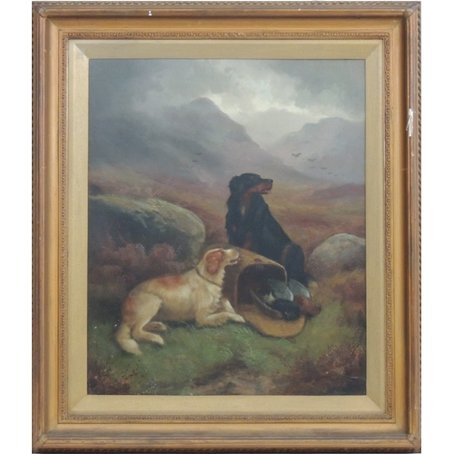 93 - Robert Cleminson (active 1864-1903), Pair, Gundogs in a landscape, oils on canvas, signed, 60cm x 50... 