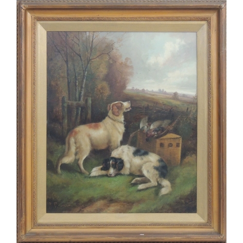 93 - Robert Cleminson (active 1864-1903), Pair, Gundogs in a landscape, oils on canvas, signed, 60cm x 50... 