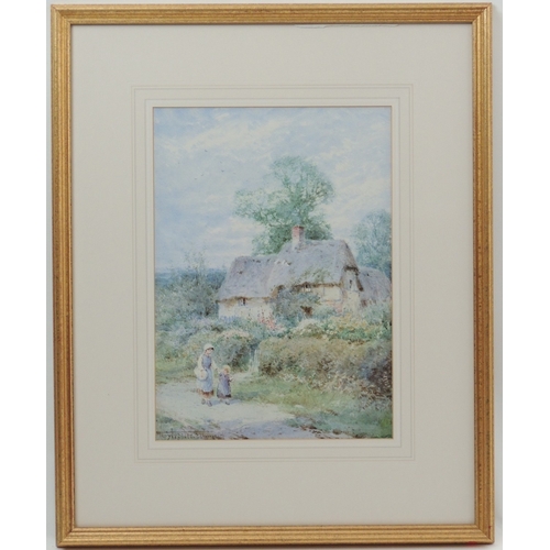 95 - Henry John Sylvester Stannard (1870-1951), Children before a thatched cottage, watercolour, signed, ... 