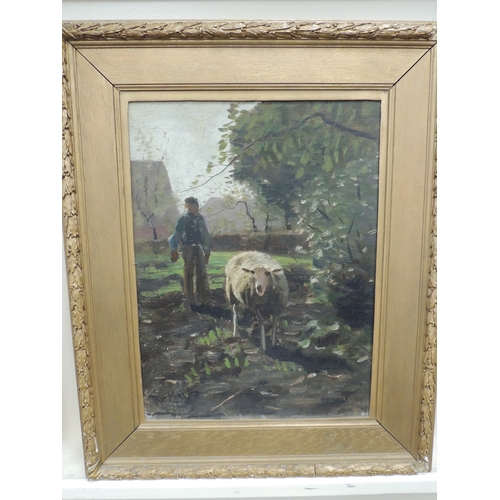 161 - Francois Pieter ter Meulen (Dutch 1843-1927), Guiding the sheep, oil on board, signed, 48cm x 36cm
P... 