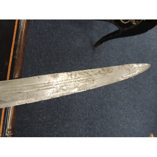 221 - Indian Talwar sword, with leather clad wooden scabbard, 102cm; also another Talwar sword with fuller... 