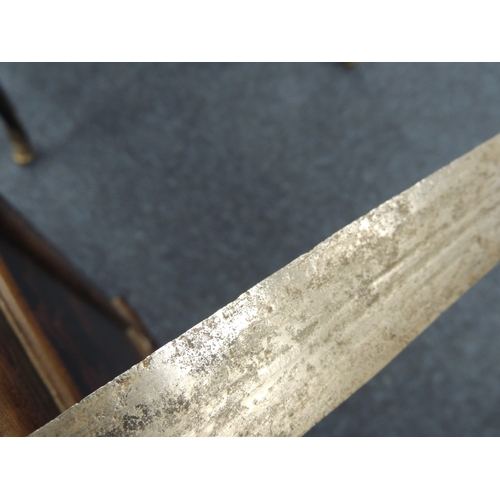 221 - Indian Talwar sword, with leather clad wooden scabbard, 102cm; also another Talwar sword with fuller... 