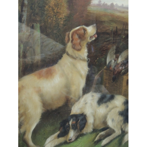 93 - Robert Cleminson (active 1864-1903), Pair, Gundogs in a landscape, oils on canvas, signed, 60cm x 50... 