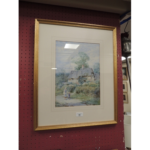 95 - Henry John Sylvester Stannard (1870-1951), Children before a thatched cottage, watercolour, signed, ... 