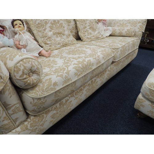 576 - Quality knole settee, upholstered in ivory and fawn floral fabric, width 223cm, depth 106cm, height ... 