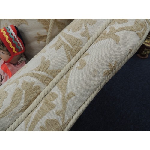 576 - Quality knole settee, upholstered in ivory and fawn floral fabric, width 223cm, depth 106cm, height ... 