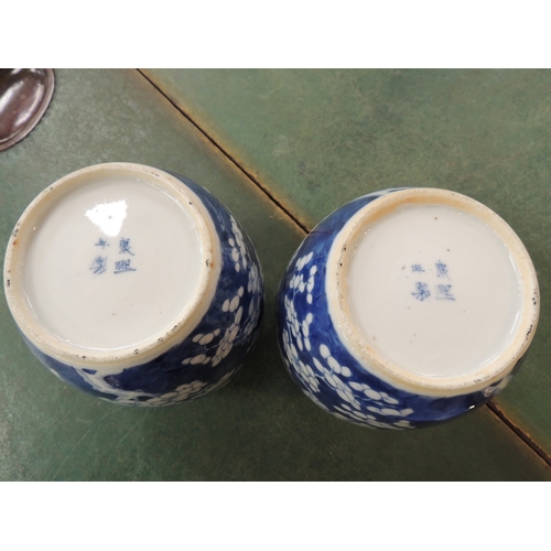 11 - Pair of Chinese blue and white prunus pattern ovoid jars, late 19th Century, painted four character ... 