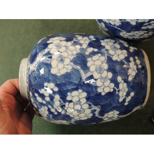 11 - Pair of Chinese blue and white prunus pattern ovoid jars, late 19th Century, painted four character ... 