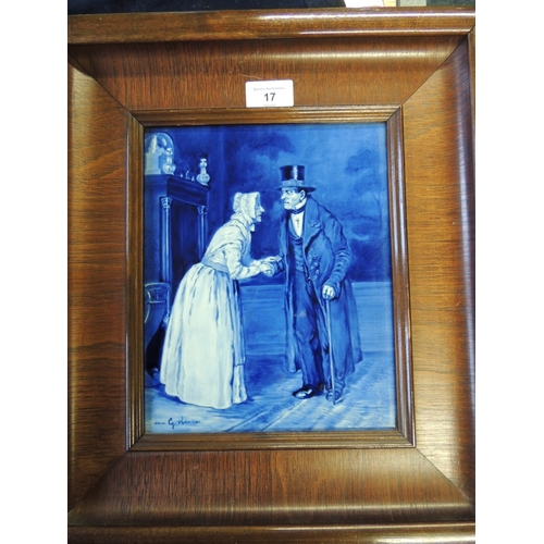 17 - Royal Delft plaque, 'Cordial Greeting', signed by G Henker, 25cm x 20cm, mounted within a wooden fra... 