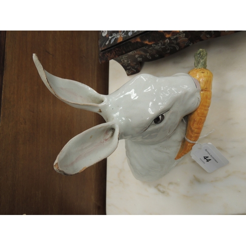 44 - Early Victorian printware milk jug 'Rabbits', height 11.5cm; also a decorative faience rabbit form c... 