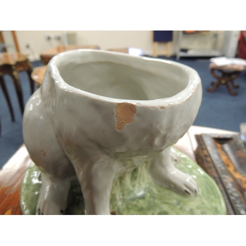 44 - Early Victorian printware milk jug 'Rabbits', height 11.5cm; also a decorative faience rabbit form c... 