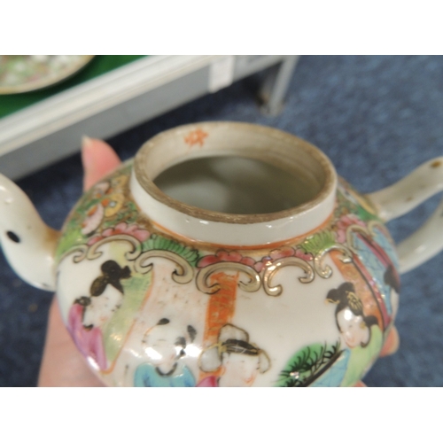 52 - Number of Canton famille rose tea wares, including two lidless teapots, the largest 10.5cm; milk jug... 