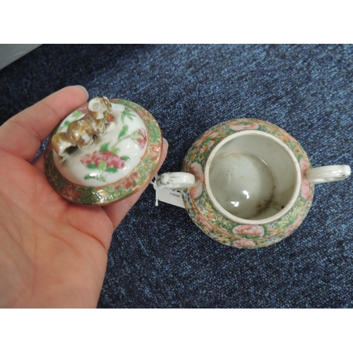 52 - Number of Canton famille rose tea wares, including two lidless teapots, the largest 10.5cm; milk jug... 