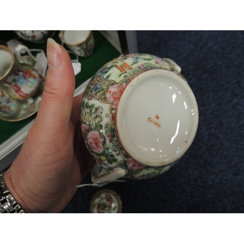 52 - Number of Canton famille rose tea wares, including two lidless teapots, the largest 10.5cm; milk jug... 