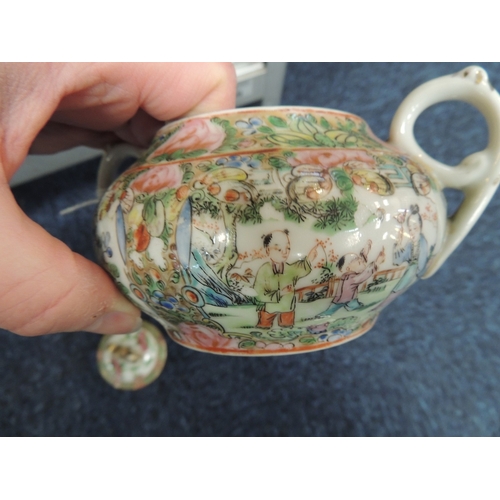 52 - Number of Canton famille rose tea wares, including two lidless teapots, the largest 10.5cm; milk jug... 