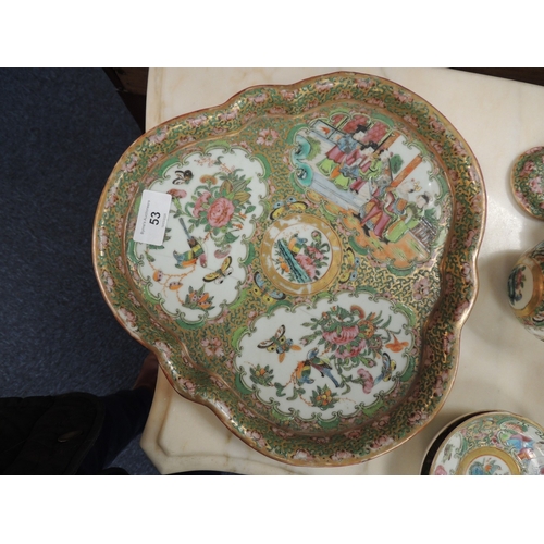 53 - Cantonese famille rose cabaret tray, supporting a lidded teapot and matching lidded sugar bowl; two ... 