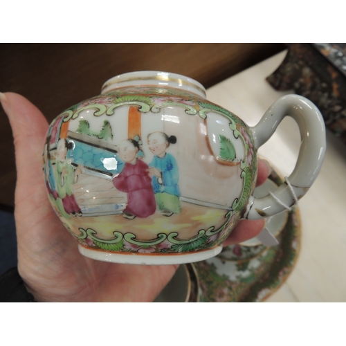 53 - Cantonese famille rose cabaret tray, supporting a lidded teapot and matching lidded sugar bowl; two ... 