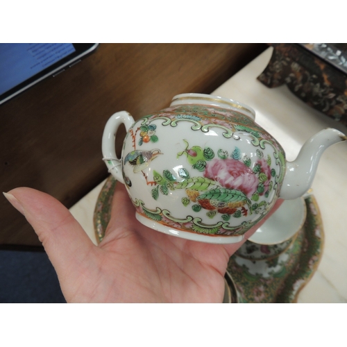 53 - Cantonese famille rose cabaret tray, supporting a lidded teapot and matching lidded sugar bowl; two ... 