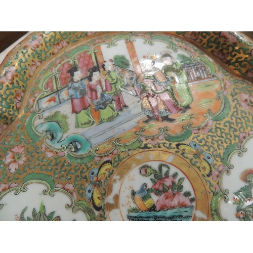 53 - Cantonese famille rose cabaret tray, supporting a lidded teapot and matching lidded sugar bowl; two ... 