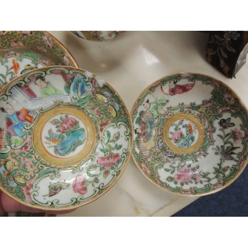 53 - Cantonese famille rose cabaret tray, supporting a lidded teapot and matching lidded sugar bowl; two ... 