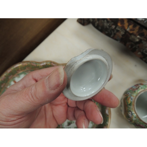 53 - Cantonese famille rose cabaret tray, supporting a lidded teapot and matching lidded sugar bowl; two ... 