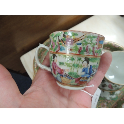 53 - Cantonese famille rose cabaret tray, supporting a lidded teapot and matching lidded sugar bowl; two ... 