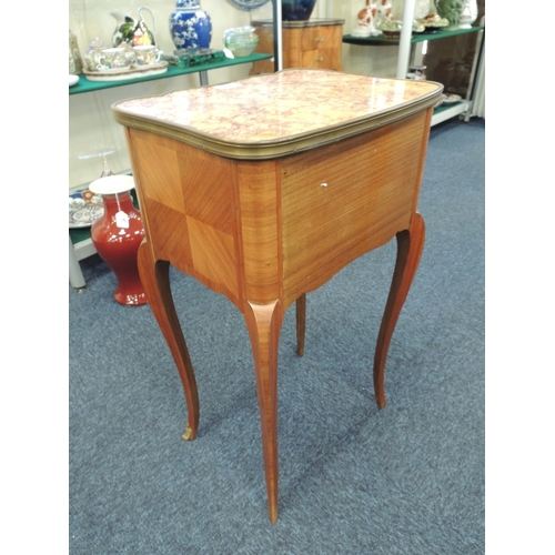 558 - Pair of French kingwood bedside tables, each with yellow composite marble top and brass edging, fitt... 