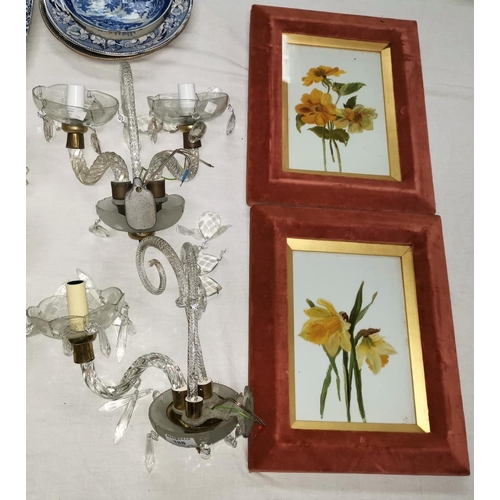 188 - Two early 20th century twisted glass wall lights, a pair of Victorian painted flowers on glass panel... 