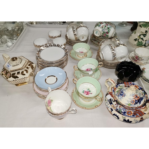195 - A gilt bordered part tea set and other teaware, including Paragon, Crown Staffordshire etc