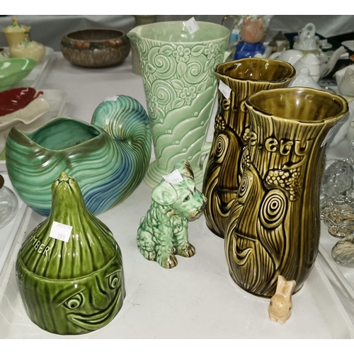 199 - Two novelty Sadler Celery vases, A Slyvac cucumber lidded pot, A Sylvac dog and rabbit, a Shorter sh... 