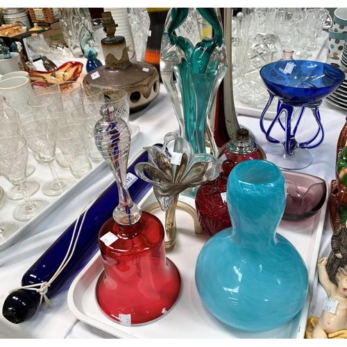 241 - A 19th century Bristol Blue glass rolling pin; a large cranberry bell, Art Glass and other coloured ... 
