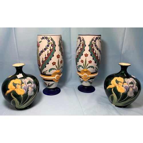 11 - A pair of continental faience art nouveau vases 11'' (1 a.f.); a similar pair of vases (1 a.f.)