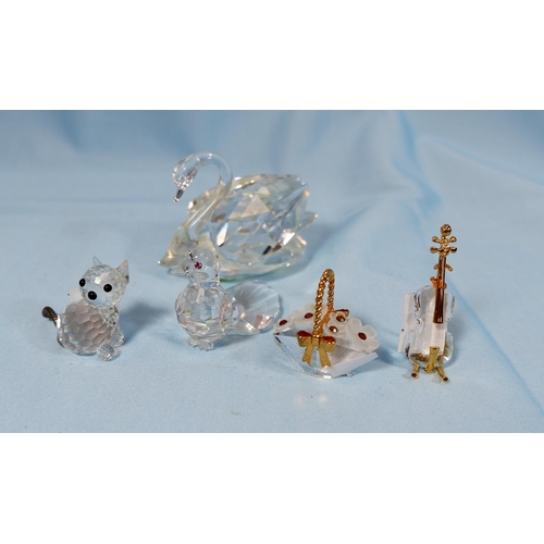 28 - 3 originally boxed Swarovski Swan, Kitten, basket of flowers & an unboxed violin and stand