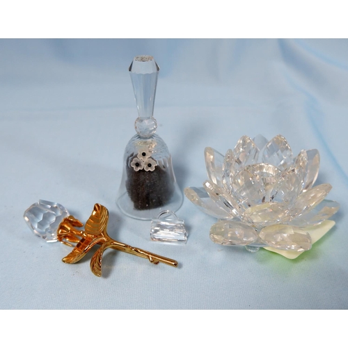 30 - 3 originally boxed Swarovski crystal Bell A7467, Rose with gilt stem, Flower head candle holder