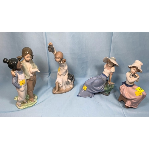 72 - 4 Nao  figures 2 girls with dove, girl with lamp and dog, girl with puppy and girl with bird