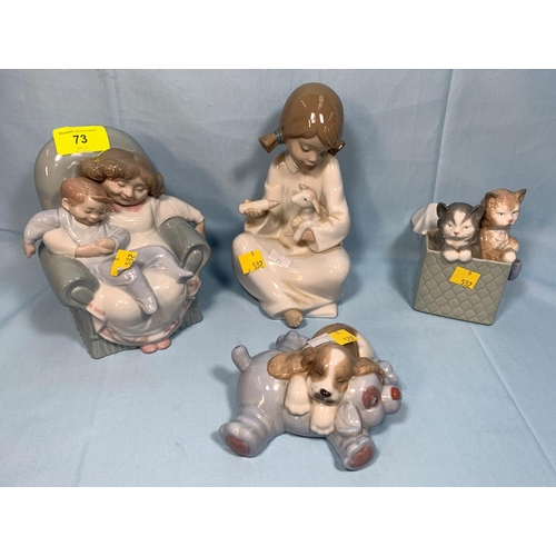 73 - 4 Nao figures girl with lamb, girl in armchair, puppy and teddy, 2 kittens in a box