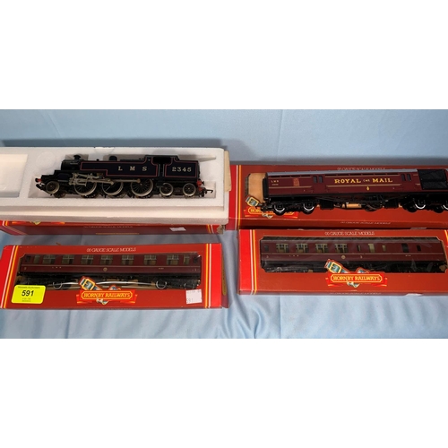 591 - A HORNBY Railway LMS Class 4P 2-6-4T locomotive, 00 gauge, a Royal Mail coach and other rolling stoc... 
