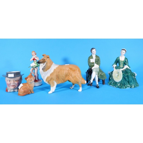 162 - Two Royal Doulton figures:  Lady & Gentleman from Williamsburg, HN 223 & 2227; a Beswick collie 
