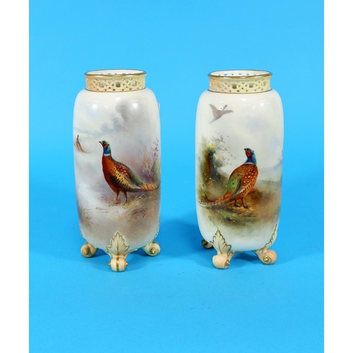 170 - An early 20th century Royal Worcester pair of near matching vases of cylindrical form, with hand pai... 